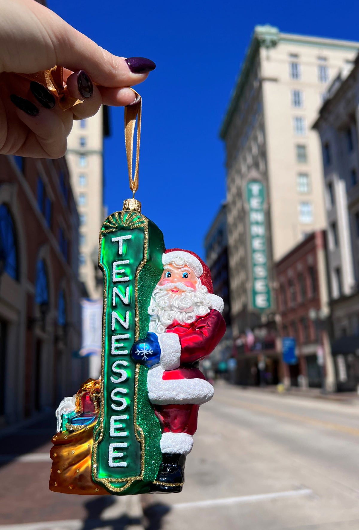 Tennessee Theatre Santa ornament on Gay Street in downtown Knoxville