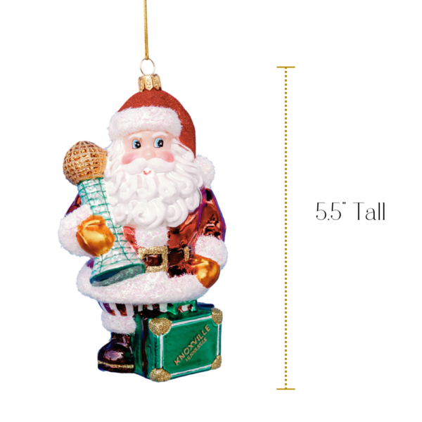 Glass Santa ornament holding the Sunsphere